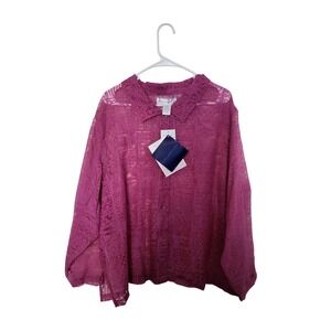 Susan Graver Style Magenta Pink Burnout Geometric Button Up Shirt Womens 2X NEW